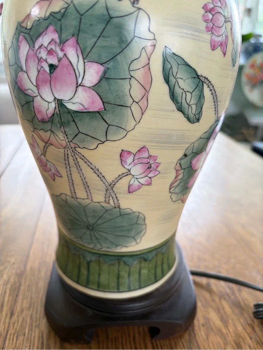 Source Unknown Pink Lotus Ceramic Vase with Green Leaves